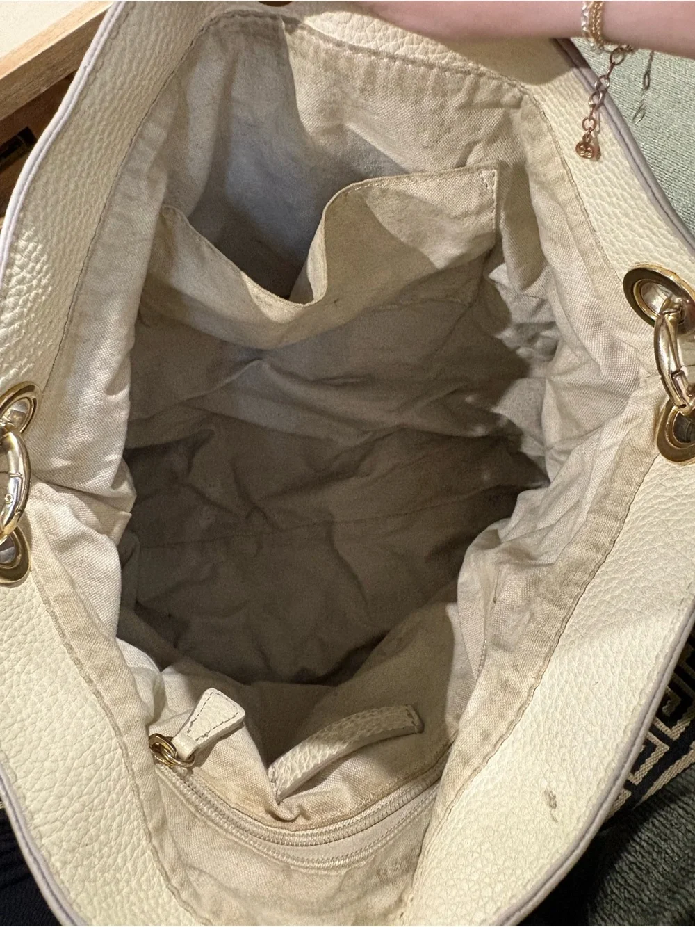 Mark & Graham Cream Pebbled Leather Shoulder Bag with Patterned Strap